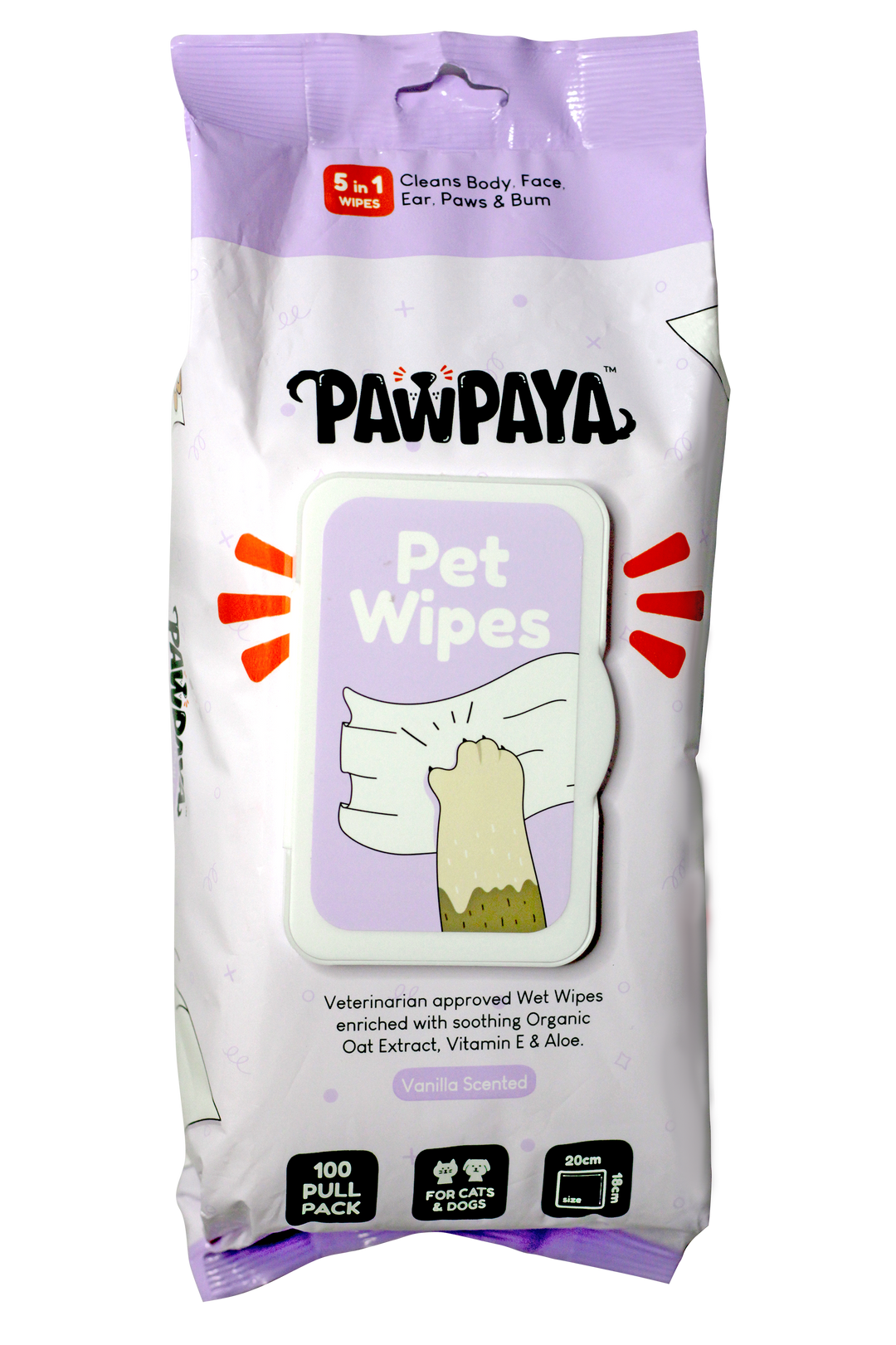 Pawpaya Pet Wipes 100 Pull Pack, 20 x 18cm