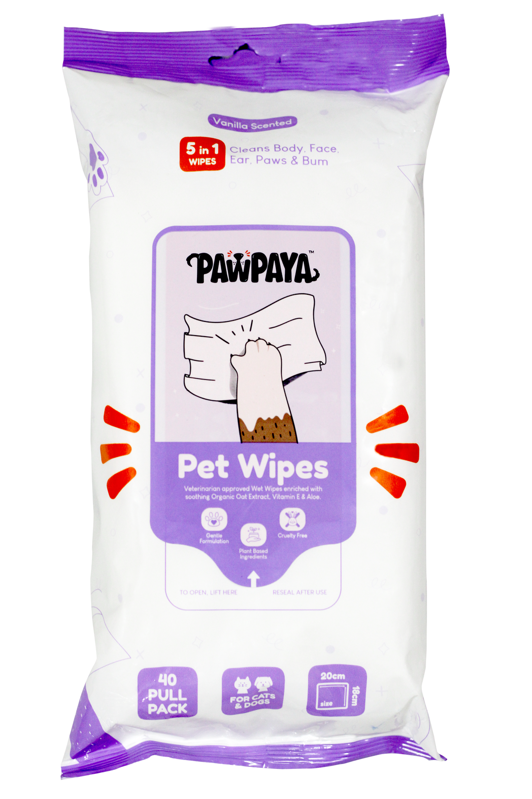 Pawpaya Pet Wipes 40 Pull Pack, 20 x 18cm